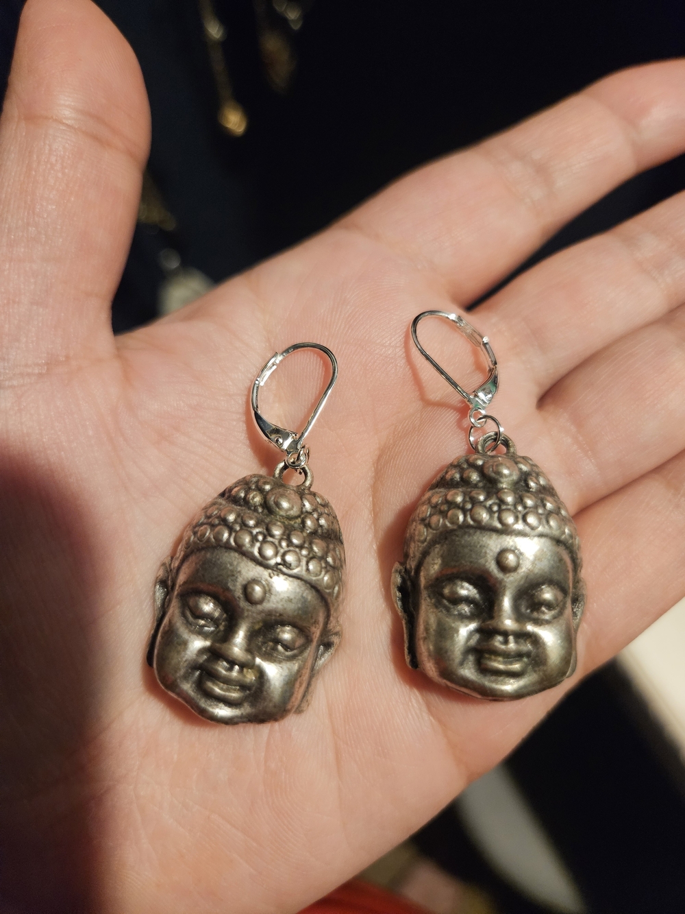 Silver-Tone Buddha Head Drop Earrings